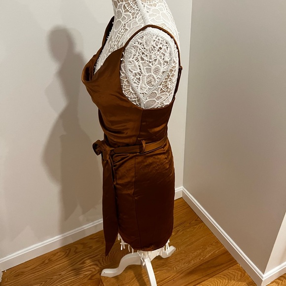 NWOT Satin Ruched Mini Dress Brown Camel - Picture 6 of 8